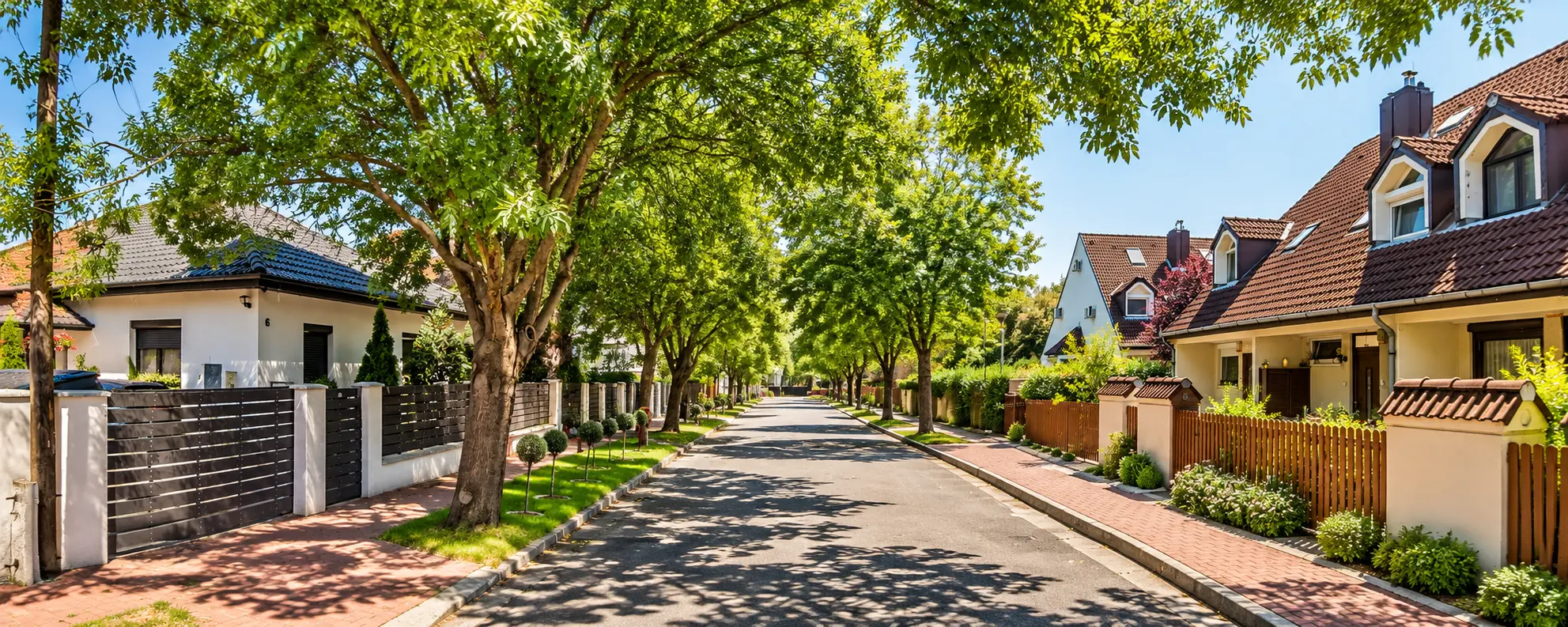 Újpest kertváros családi házai egy fákkal szegélyezett lakóutcában
