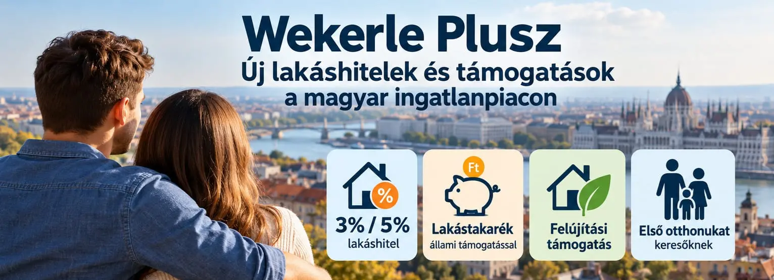 Wekerle Plusz 2026 – első otthonukat kereső fiatal pár budapesti panorámával és lakáshitel-támogatásokkal
