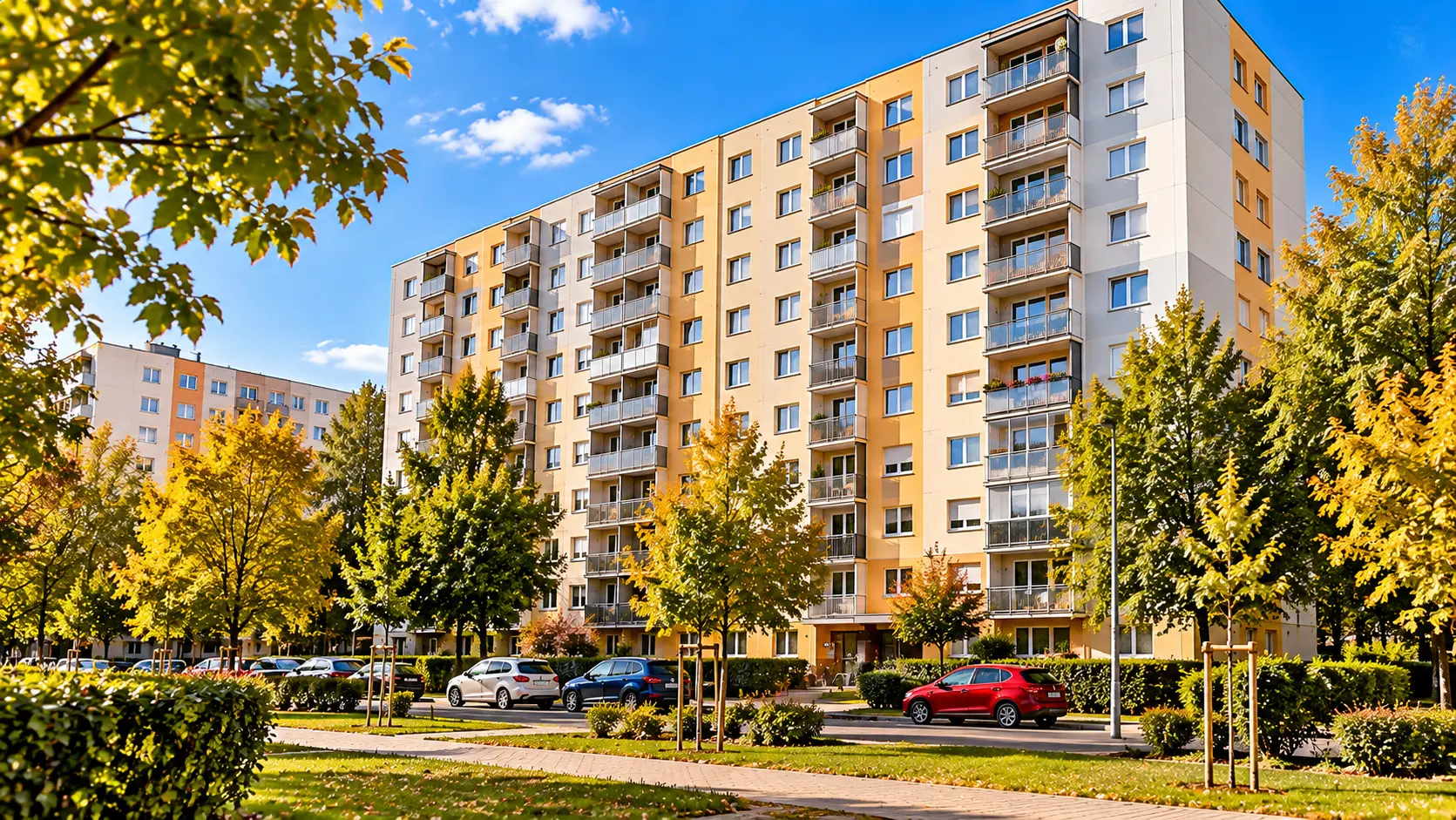 Felújított homlokzatú, erkélyes panel társasház zöld környezetben, őszi fákkal